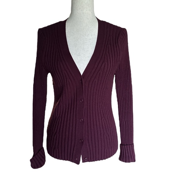Paige Shirin Ribbed Button-Down Cardigan in Aubergine – Size L - Picture 2 of 7